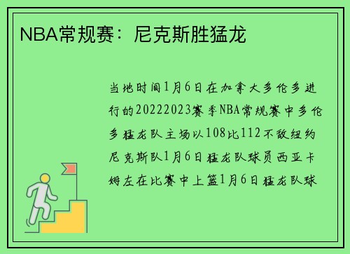 NBA常规赛：尼克斯胜猛龙