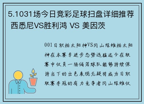 5.1031场今日竞彩足球扫盘详细推荐 西悉尼VS胜利鸿 VS 美因茨